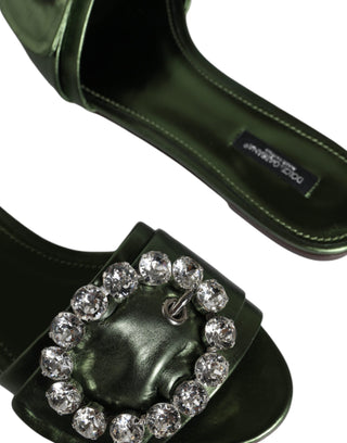 Dolce &amp; Gabbana Metallic Green Crystal Leather Flats Sandals Shoes