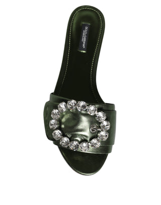 Dolce &amp; Gabbana Metallic Green Crystal Leather Flats Sandals Shoes