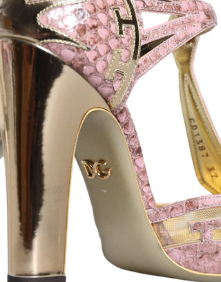 Dolce &amp; Gabbana Pink Gold Leather Pumps T-strap Sandals Shoes