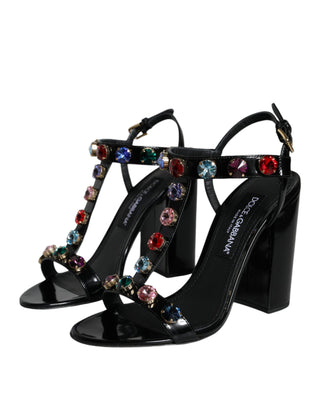 Dolce &amp; Gabbana Black Crystal Leather T-strap Sandals Shoes