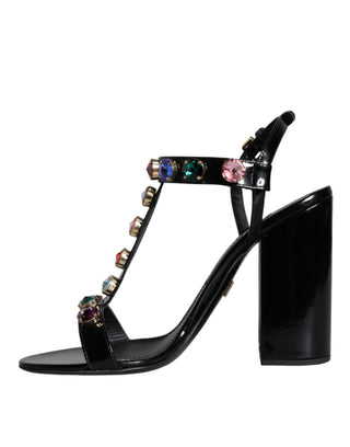 Dolce &amp; Gabbana Black Crystal Leather T-strap Sandals Shoes