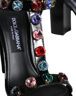 Dolce &amp; Gabbana Black Crystal Leather T-strap Sandals Shoes