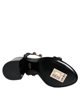 Dolce &amp; Gabbana Black Crystal Leather T-strap Sandals Shoes