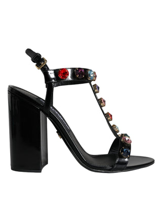 Dolce &amp; Gabbana Black Crystal Leather T-strap Sandals Shoes