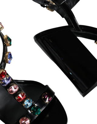 Dolce &amp; Gabbana Black Crystal Leather T-strap Sandals Shoes