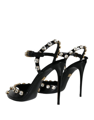 Dolce &amp; Gabbana Black Leather Crystal Ankle Strap Sandals Shoes