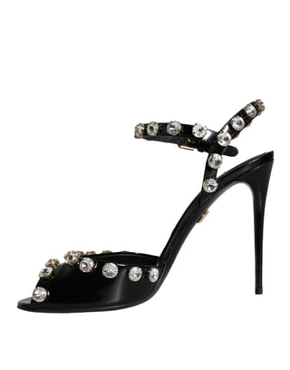 Dolce &amp; Gabbana Black Leather Crystal Ankle Strap Sandals Shoes