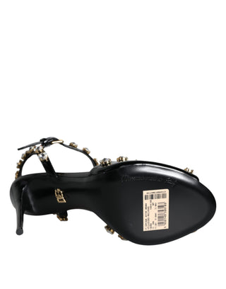 Dolce &amp; Gabbana Black Leather Crystal Ankle Strap Sandals Shoes