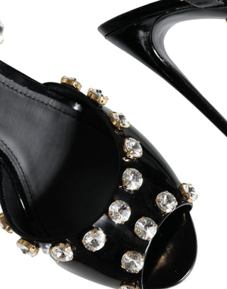 Dolce &amp; Gabbana Black Leather Crystal Ankle Strap Sandals Shoes