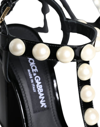 Dolce &amp; Gabbana Black Leather Pearls T-strap Sandals Shoes