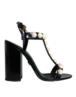 Dolce &amp; Gabbana Black Leather Pearls T-strap Sandals Shoes