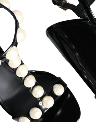 Dolce &amp; Gabbana Black Leather Pearls T-strap Sandals Shoes