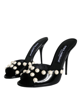 Dolce &amp; Gabbana Black Leather Pearls Slides Sandals Shoes