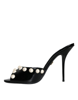 Dolce &amp; Gabbana Black Leather Pearls Slides Sandals Shoes