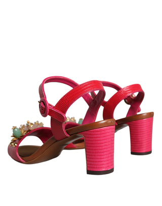 Dolce &amp; Gabbana Fuchsia Leather Embellished Keira Sandals Shoes