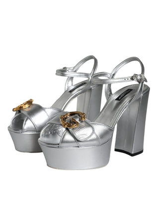 Dolce &amp; Gabbana Silver Leather Platform Logo Keira Sandals Shoes