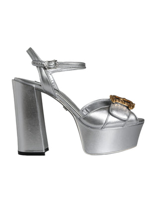 Dolce &amp; Gabbana Silver Leather Platform Logo Keira Sandals Shoes