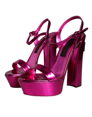 Dolce &amp; Gabbana Fuchsia Leather Platform Logo Keira Sandals Shoes