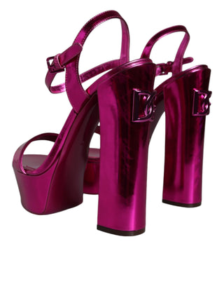 Dolce &amp; Gabbana Fuchsia Leather Platform Logo Keira Sandals Shoes