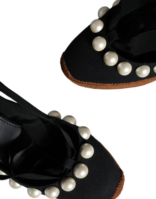 Dolce &amp; Gabbana Black Pearl Wedge Heels Sandals Shoes