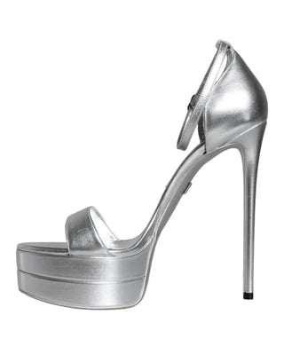 Dolce &amp; Gabbana Silver Leather Platform Keira Sandals Shoes