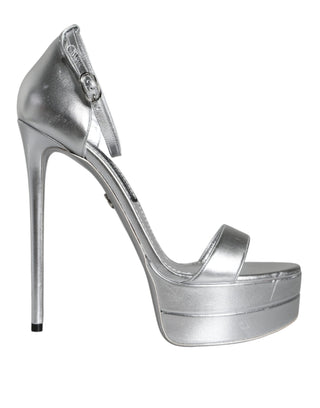 Dolce &amp; Gabbana Silver Leather Platform Keira Sandals Shoes