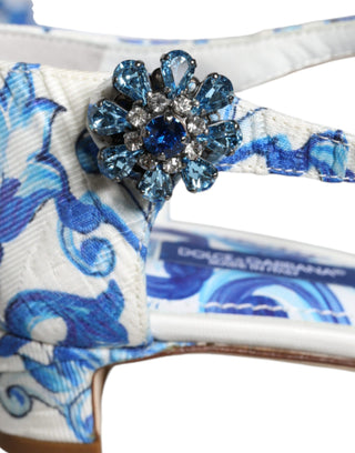 Dolce &amp; Gabbana White Blue Majolica Print Ankle Strap Sandals Shoes