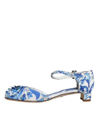 Dolce &amp; Gabbana White Blue Majolica Print Ankle Strap Sandals Shoes