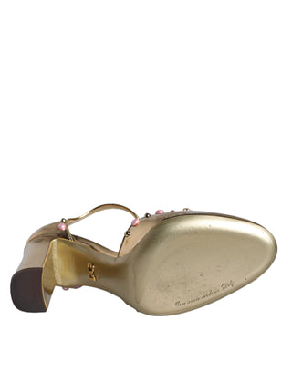 Dolce &amp; Gabbana Gold Embellished Leather T-strap Heels Shoes