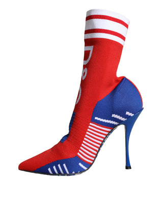 Dolce &amp; Gabbana Red Blue Stretch Sock Style Ankle Boots Logo Shoes