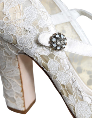 Dolce &amp; Gabbana White Lace Crystal Heels Sandals Shoes