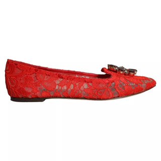 Dolce &amp; Gabbana Red Lace Crystal Ballet Flats Loafers Shoes