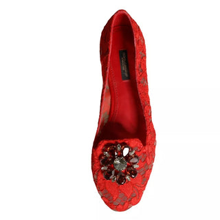 Dolce &amp; Gabbana Red Lace Crystal Ballet Flats Loafers Shoes