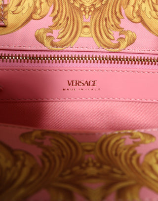 Versace Pink Yellow Baroque Fabric Leather Shopping Tote Bag