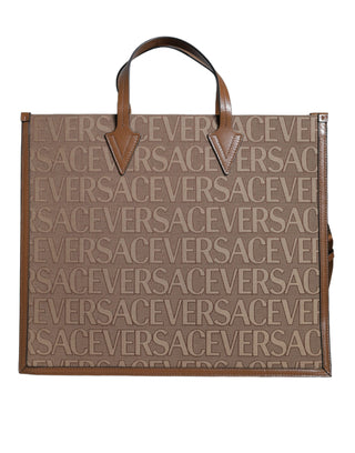 Versace Brown Top Handle Jacquard Leather Logo Crossbody Tote Bag