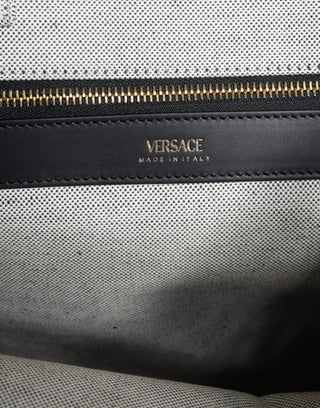 Versace White Top Handle Canvas Leather Logo Crossbody Tote Bag