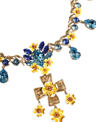 Dolce & Gabbana Gold Brass Chain Floral Crystal Cross Pendant Necklace