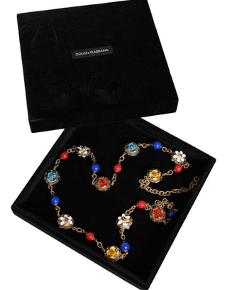 Dolce & Gabbana Gold Tone Brass Chain Floral Crystal Beaded Necklace