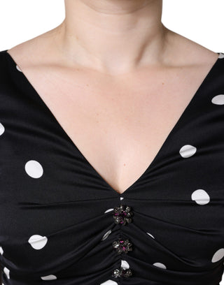 Dolce & Gabbana Black Silk Polka Dot V-neck Tassel Midi Dress