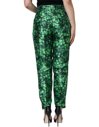 Dolce & Gabbana Green Clover Silk Satin High Waist Tapered Pants