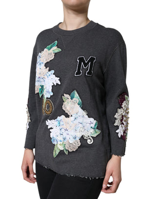 Dolce & Gabbana Gray Hydrangea CollegeStudded Floral Sweater