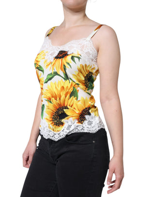 Dolce & Gabbana White Silk Sunflower Lace Sleeveless Tank Top