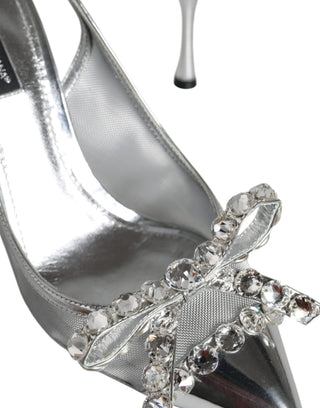 Dolce & Gabbana Silver Mesh Crystal Embellished Slingback Shoes