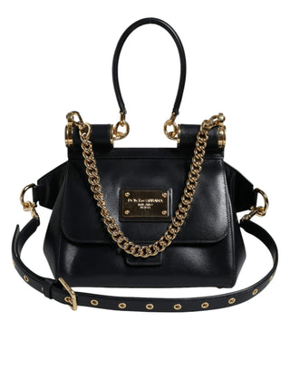 Dolce &amp; Gabbana Black Calfskin Leather SICILY Chain Strap Crossbody Bag