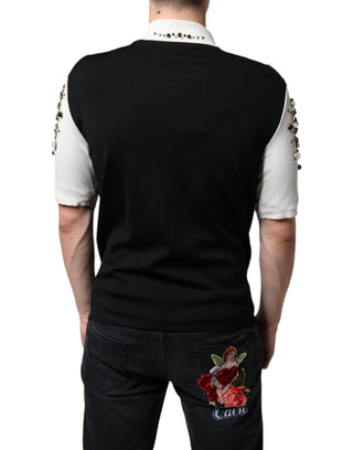 Dolce & Gabbana White Black Silk Studded Stone Crystal Shirt