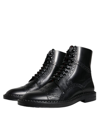 Dolce &amp; Gabbana Black Leather Lace Up Mid Calf Boots Shoes