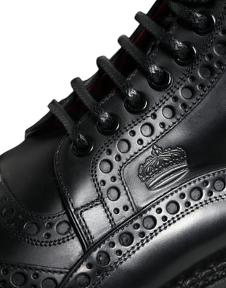 Dolce &amp; Gabbana Black Leather Lace Up Mid Calf Boots Shoes