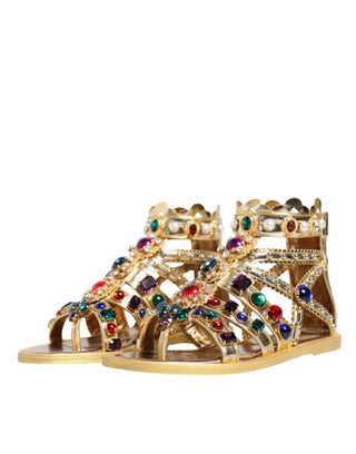 Dolce &amp; Gabbana Gold Leather Crystal Gladiator Sandals Flats Shoes