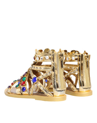 Dolce &amp; Gabbana Gold Leather Crystal Gladiator Sandals Flats Shoes