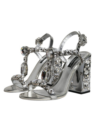 Dolce &amp; Gabbana Silver Leather T-strap Crystal Sandals Shoes